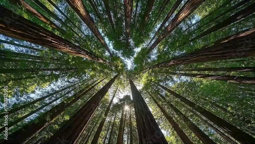 Low-angle rotation looking up at a redwood forest canopy with bright sun shining through the tall trees.
