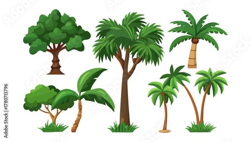 Diverse Botanical Collection: A vibrant assortment of unique tree species showcasing a variety of leafy trees and palms, each with distinctive shapes, structures, and foliage.