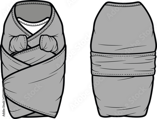 Baby swaddle blanket front and back design, infant wrap illustration, newborn sleeping bag, cozy baby clothing, vector template, nursery product mockup