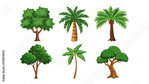 Botanical Diversity: A colorful array of diverse tree illustrations showcases various leaf structures, trunk shapes, and growth patterns, illustrating nature's botanical variety.