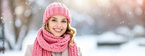 Young woman smiling while wearing a pink knit hat and scarf in a winter landscape