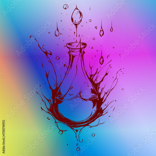 Dark red flask with splashing liquid, hand-drawn sketch style, representing a magic potion, on a rainbow gradient background