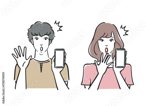 スマホに驚く爽やかな30代男女