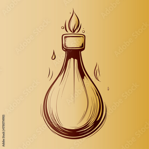 Potion bottle with a flame, vintage sketch style, representing an alchemical ingredient, on a sepia gradient background