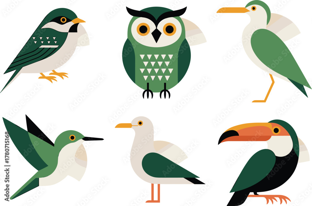 Naklejka premium Set of six stylized birds Keywords: bird, owl, hummingbird, toucan, seagull, sparrow, green