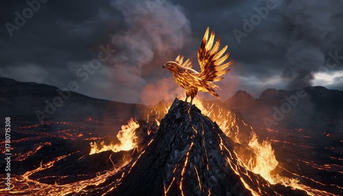 A majestic hybrid creature between a phoenix and a Javan hawk-eagle, with blazing fiery feathers, golden eyes, wide wings, and mystical aura, soaring through the sky in cinematic fantasy lighting