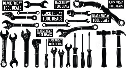 Don't miss out on Black Friday tool deals for wrenches, hammers, and screwdrivers this season professional vector concept illustration