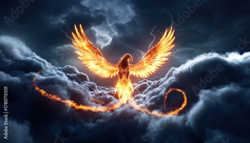 A majestic hybrid creature between a phoenix and a Javan hawk-eagle, with blazing fiery feathers, golden eyes, wide wings, and mystical aura, soaring through the sky in cinematic fantasy lighting