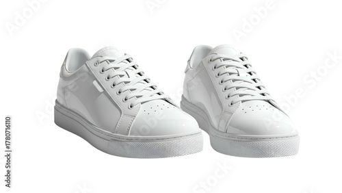 Two bright white low-top athletic shoes are displayed against a solid black background