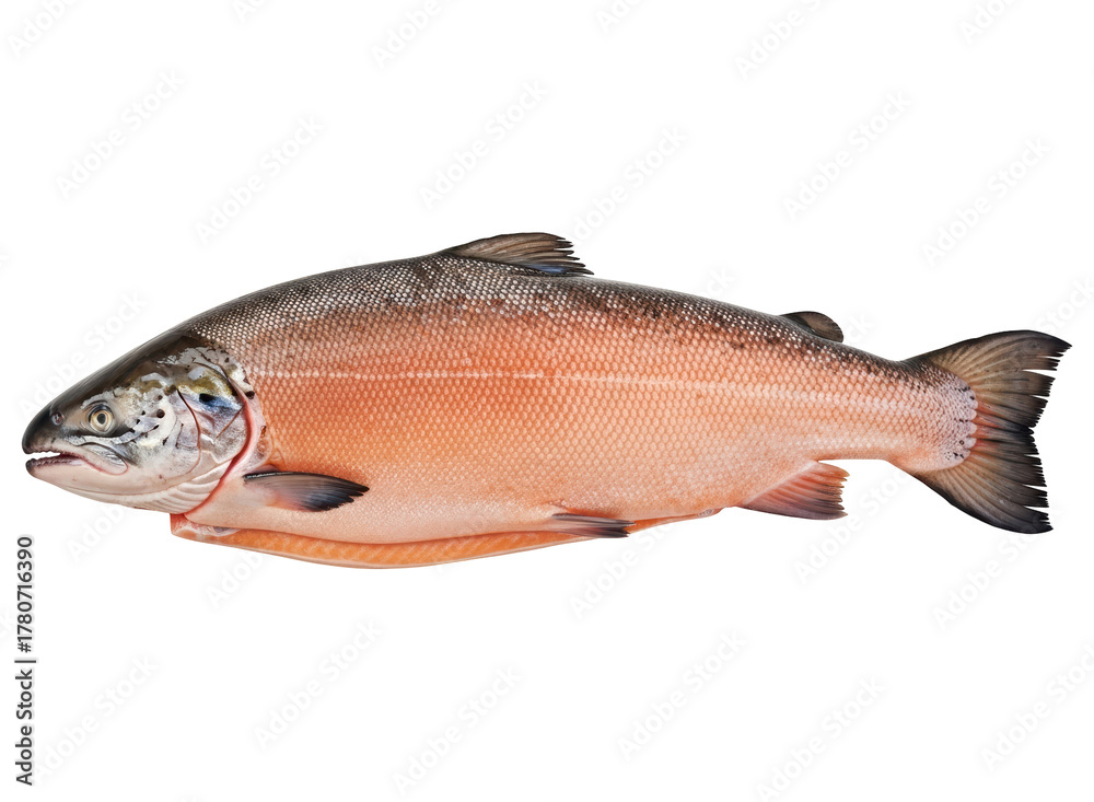 Naklejka premium Fresh whole salmon with vibrant orange and silver scales, ready for cooking.