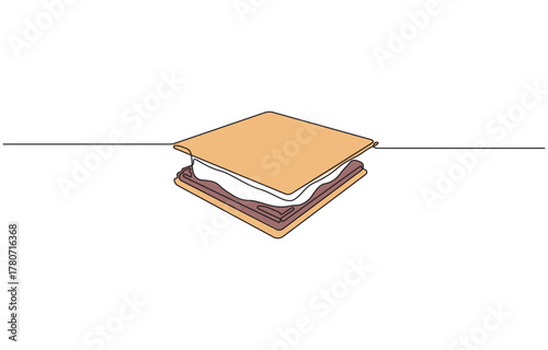 Continuous one line drawing delicious Smores chocolate, marshmallow graham cracker dessert, Single line art vector illustration.