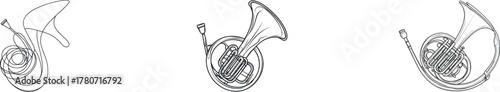 Modern single line art is used to create a minimalist illustration of the French horn, a classic music instrument, in a continuous drawing