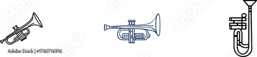 In one continuous line drawing, a trumpet music instrument is depicted in a modern illustration characterized by minimalist design and single line art