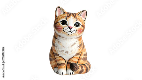 Hand painted figurine of a small tabby feline sits against a solid black background
