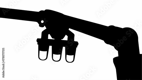 Silhouette of robotic arm holding three containers in a laboratory setting for automated processes and research