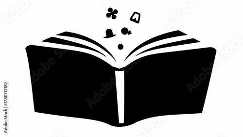 Open book with floating symbols representing knowledge and imagination in black and white illustration