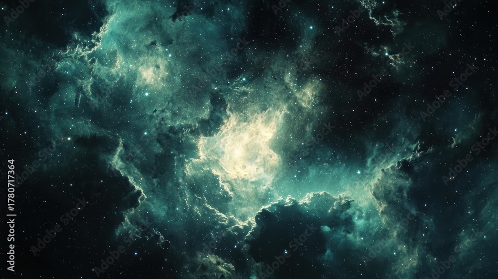 Obraz premium A vast, ethereal nebula with a central, luminous cloud of gas and dust, surrounded by a halo of stars and cosmic dust, set against a dark, star-studded backdrop.