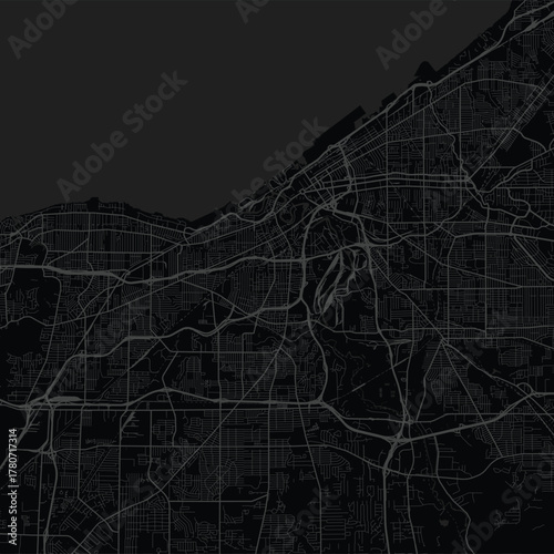 Cleveland City Map Experience the urban grid in sleek monochrome elegance with refined black and gray linework and modern blueprint style.
