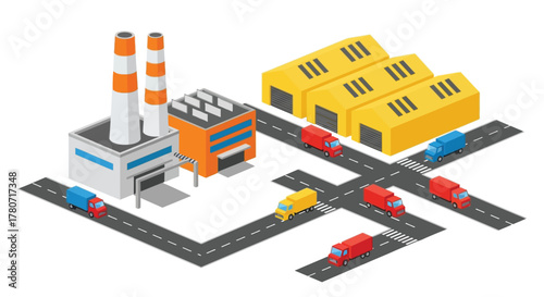 Isometric industrial zone with factory buildings smokestacks and transport vehicles