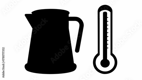 Silhouette of a kettle with handle and lid next to a thermometer showing temperature measurement exactly