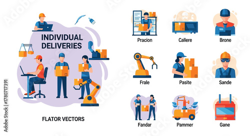 Modern logistics and delivery service illustrations with workers and automated systems