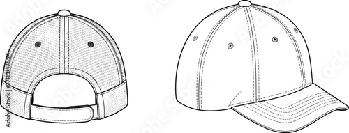 Trucker mesh cap technical flat sketch, back and side view. Baseball hat vector template, isolated mockup for fashion design.