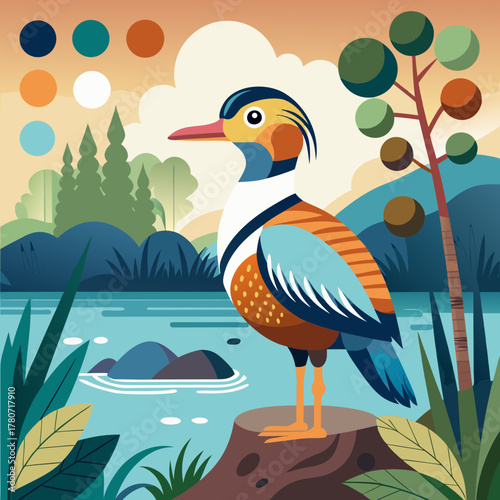 Stylized mandarin duck standing by a serene lake