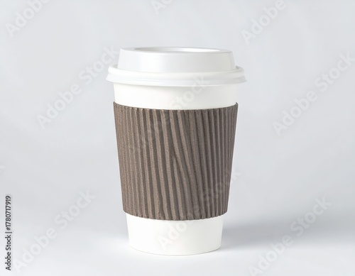 Disposable paper coffee cup with lid and sleeve on a white background.