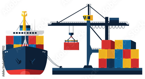 Colorful cargo ship unloading containers at a busy port facility