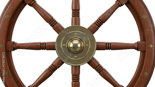 Detailed view of a classic wooden ship helm with brass centerpiece against a dark background