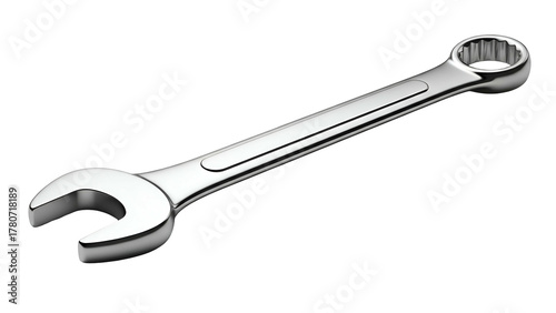 Polished chrome combination wrench rests diagonally against a solid black background