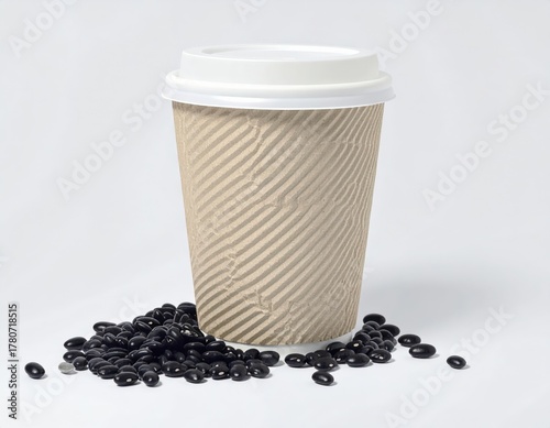 Disposable ripple coffee cup with a white lid surrounded by fresh roasted coffee beans.