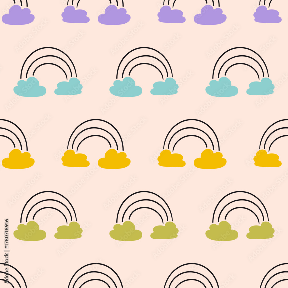 Obraz premium Multicolor Clouds with Line Rainbows Vector Seamless Pattern