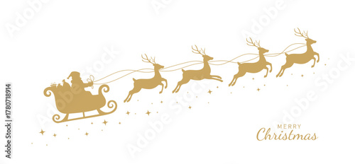 Santa Claus ride sleigh with flying reindeer. Sparkles, stars decorative element. Santa Sleigh Silhouette. Merry christmas banner. Vector illustration