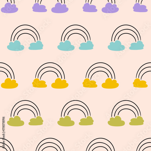 Multicolor Clouds with Line Rainbows Vector Seamless Pattern