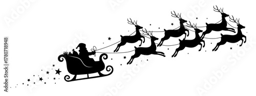 Santa Claus ride sleigh with flying reindeer. Sparkles, stars decorative element. Santa Sleigh Silhouette. Merry christmas banner. Vector illustration