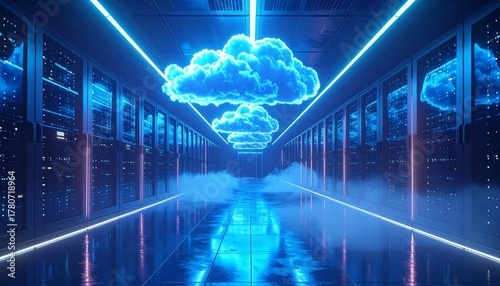 A futuristic server room with cloud formations and bright blue