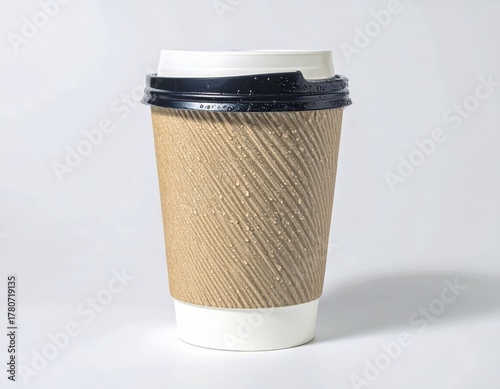 Disposable ripple paper coffee cup with black lid.