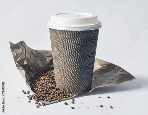 Disposable takeaway coffee cup with whole roasted beans on paper.