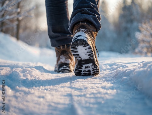 Close up of a person's boots walking along a snowy trail during a winter day on an outdoor adventure exploration.