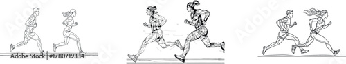 Continuous line art showcases a sportsman and sportswoman running and exercising as a means to maintain a healthy and fit body