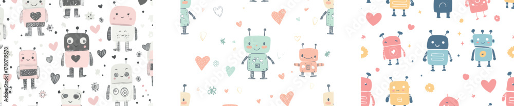 Humorous robots are showcased in a seamless pattern, drawn in a Scandinavian style, and are paired with a colorful, hand-drawn cyborg character, making it suitable for modern kids' and baby fashion