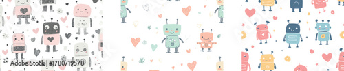 Humorous robots are showcased in a seamless pattern, drawn in a Scandinavian style, and are paired with a colorful, hand-drawn cyborg character, making it suitable for modern kids' and baby fashion