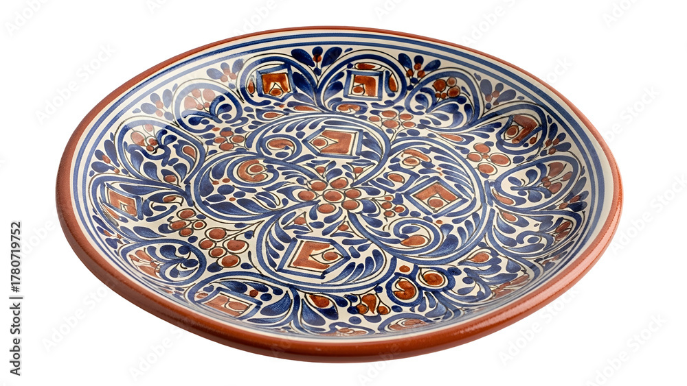 Fototapeta premium Ornate ceramic platter features traditional hand painted blue and brown decorative motif isolated on black