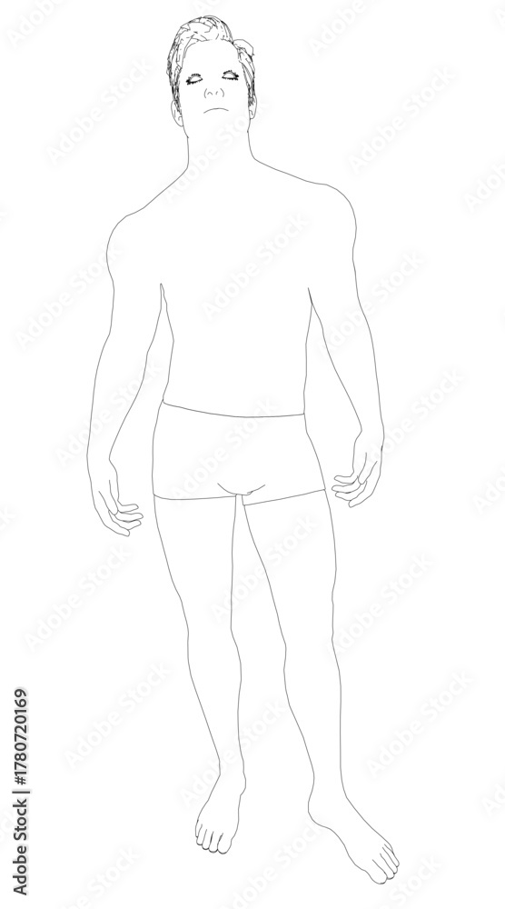Fototapeta premium A man in underpants stands confidently with hands on hips in this contour drawing. This printable coloring page features clean lines against a white background