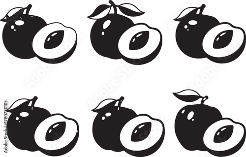 Plum Fruit Icons Set Whole Half Keywords: plum, fruit, food, healthy, whole, half, cut, pit