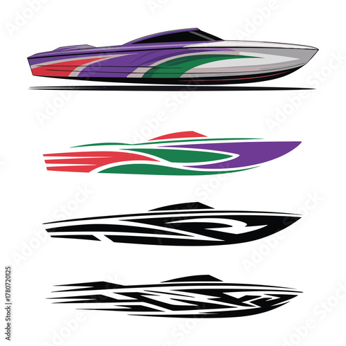 Boat graphics and stripe vinyl ready vector design set, modern marine decal elements for yacht, jet ski, and speedboat customization