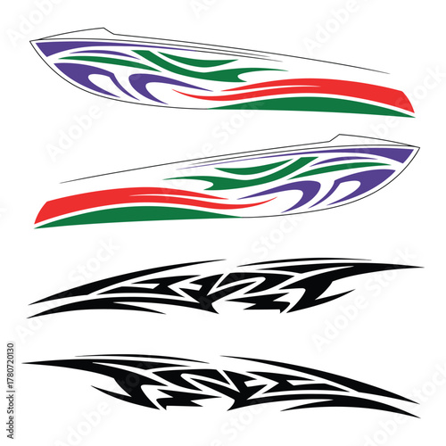 Boat graphics and stripe vinyl ready vector design set, modern marine decal elements for yacht, jet ski, and speedboat customization
