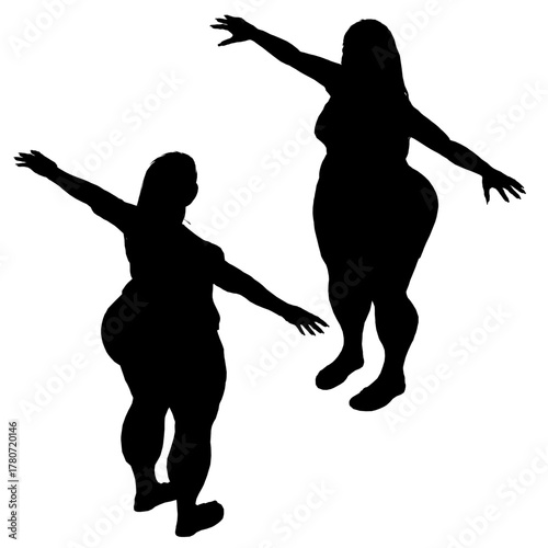 Two plus size women with long hair wear shorts and stretch their arms out in a black silhouette against a plain white background. Isometric view