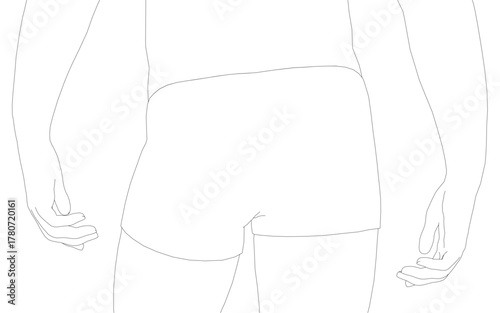 A man in detailed boxer shorts stands with hands clasped. He wears a white t-shirt underneath, and the contour drawing clearly shows the waistband and legs.